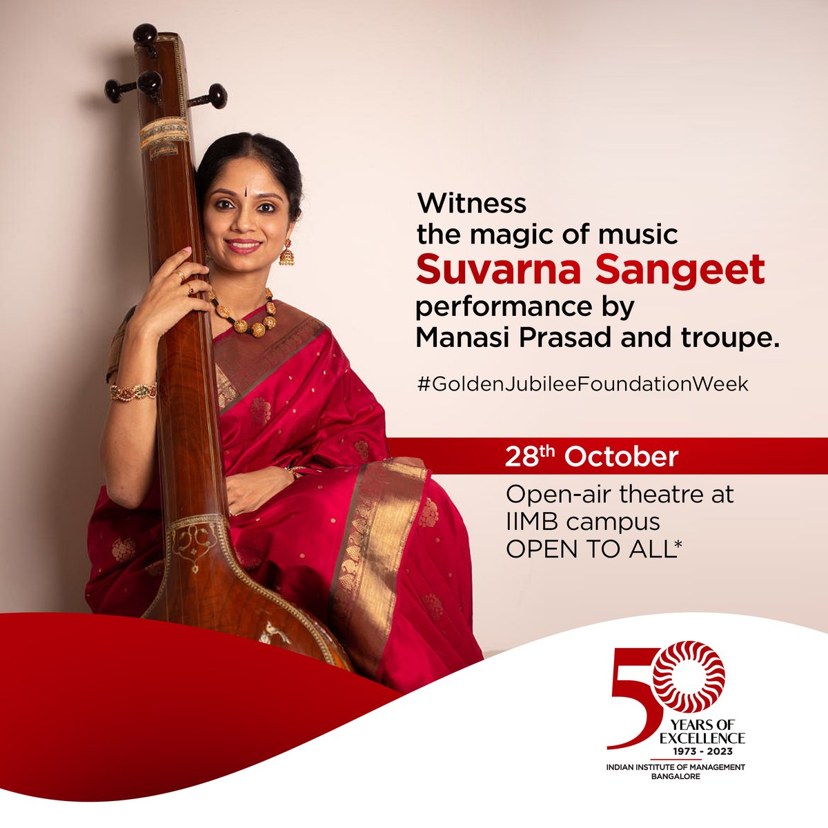 iimb_50's tweet photo. To mark the momentous occasion of IIM Bangalore’s Golden Jubilee, the institute will host ‘Suvarna Sangeet’ – a grand music presentation by a 50-member ensemble on 28th October 2023, at its Open Air Theatre. @iimb_official

More details here: https://t.co/BXk9nW446m https://t.co/28MUnpvnlB
