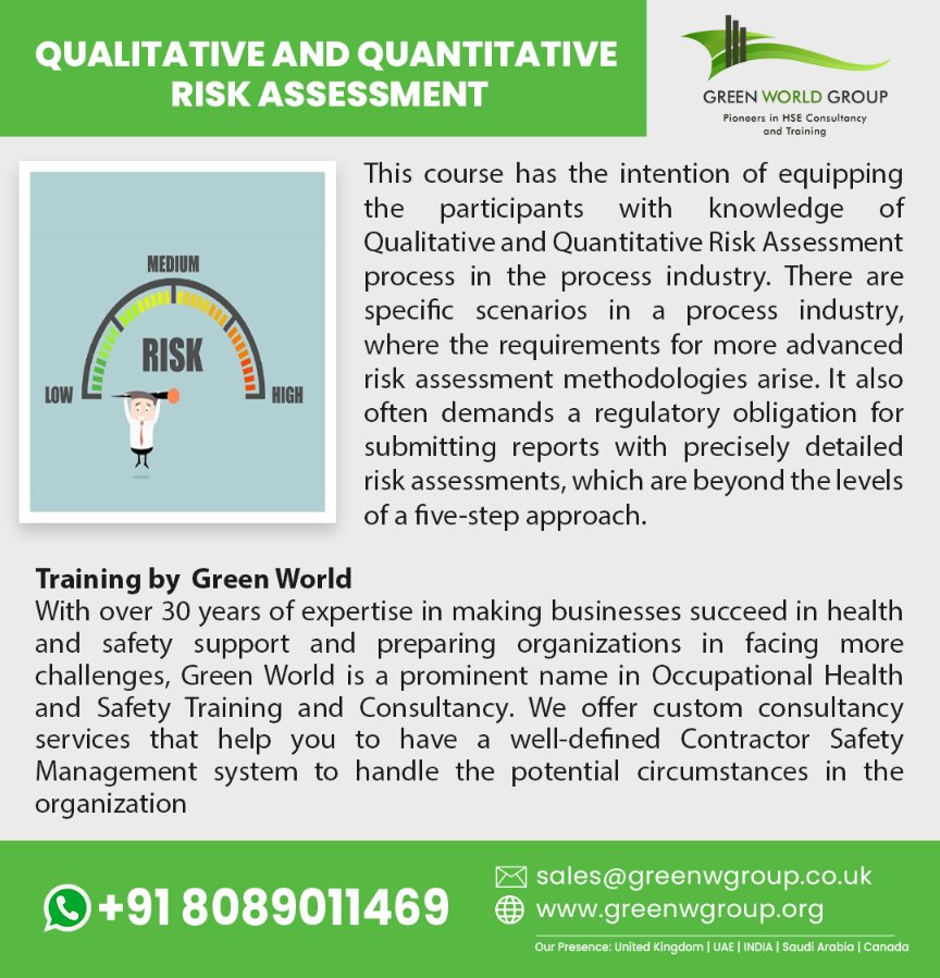 Qualitative and Quantitative Risk Assessment Training

Visit Us : wwww.greenwgroup.org  
Contact Us : +918089011469
Email : aswathi.s@greenwgroup.com
greenwgroup.com/corporate-cour…

#QualitativeRiskAssessment #RiskAssessmentTraining