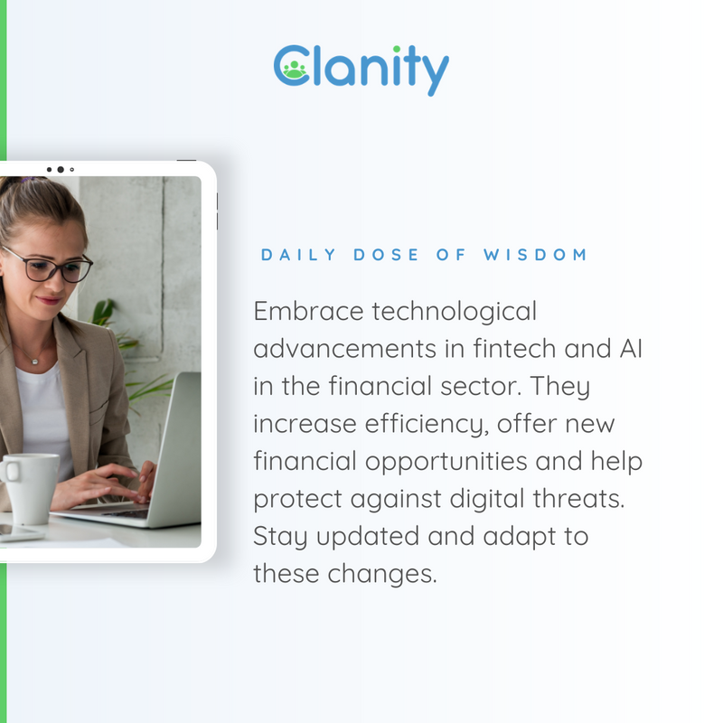 clanityofficial's tweet image. Step into the future of finance with us! 🚀 

Embrace the power of fintech and AI to streamline your financial management, optimize savings, and explore new investment opportunities. 

#FinancialTech