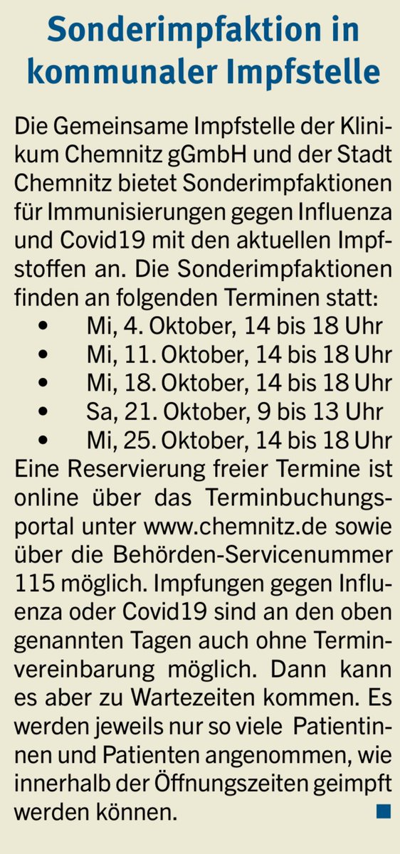 #Servicetweet 
#Chemnitz

Influenza und aktueller #CovidIsNotOver Impfstoff XBB 1.5, geimpft wird nach #SIKO Empfehlung.

Impfen auch ohne Termin möglich 👇👇
*Quelle: Amtsblatt Chemnitz