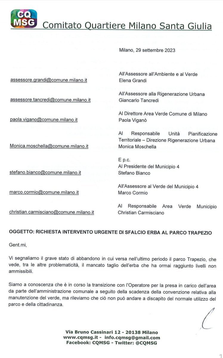 cqmsg's tweet photo. Lo stato di abbandono del parco Trapezio non è ammissibile. Devono essere garantite le attività manutentive minime essenziali all'utilizzo del parco anche se è in corso la transizione per la presa in carico dell'area da parte del comune.
In allegato la nostra richiesta.
#CQMSG https://t.co/DEaCtq2I5r