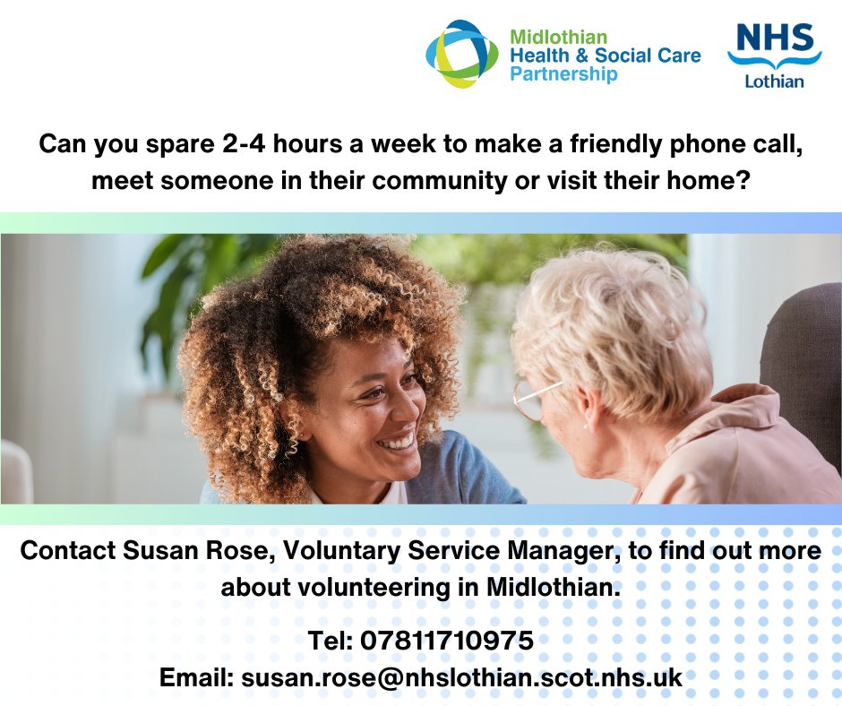 As we approach winter & days become shorter & darker, many of us struggle with loneliness & isolation. If you're from the Midlothian area & have a spare 2-4 hours a week, contact Susan Rose to find out more about volunteering as a care companion or Fancy a Blether Befriender💙