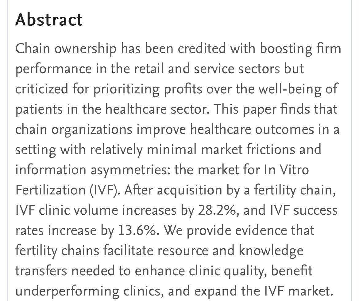Jennifer Doleac (@jenniferdoleac) on Twitter photo Super interesting paper that had the whole Women in Empirical Micro conference buzzing yesterday.
“Getting Down to Business: Chain Ownership and Fertility Clinic Performance” by <a href="/ambarlaforgia/">Ambar La Forgia</a> & <a href="/julia_bodner/">Julia Bodner</a>
papers.ssrn.com/sol3/papers.cf… Super interesting paper that had the whole Women in Empirical Micro conference buzzing yesterday.
“Getting Down to Business: Chain Ownership and Fertility Clinic Performance” by <a href="/ambarlaforgia/">Ambar La Forgia</a> & <a href="/julia_bodner/">Julia Bodner</a>
papers.ssrn.com/sol3/papers.cf…
