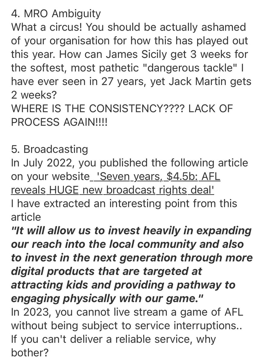 I sent this email to the AFL on 11/09/2023, following on from the simply dismal performance of the AFL in the first week of the finals. 
Safe to say, I would not change a word after witnessing today. Heartbroken for Brisbane supporters.
#aflgrandfinal2023 #AFLGF #AFLGF