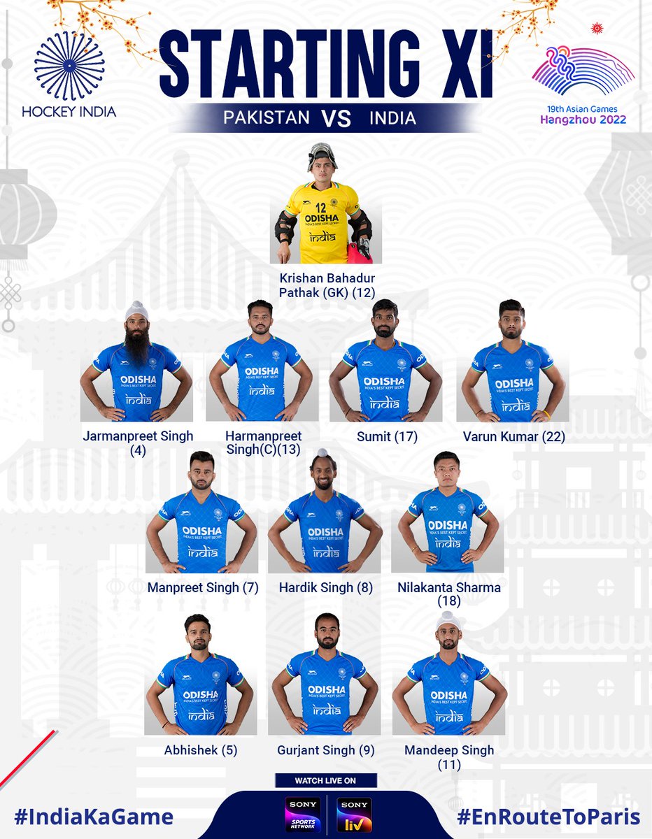 India, these are your Starting XI set to face Pakistan #INDPAK

Watch out as sparks are sure to fly. Need we say more?

📆 30th Sept 6:15 PM IST 
📍Hangzhou, China.
📺 Streaming on Sony LIV and Sony Sports Network.

#HockeyIndia #IndiaKaGame #AsianGames #TeamIndia
