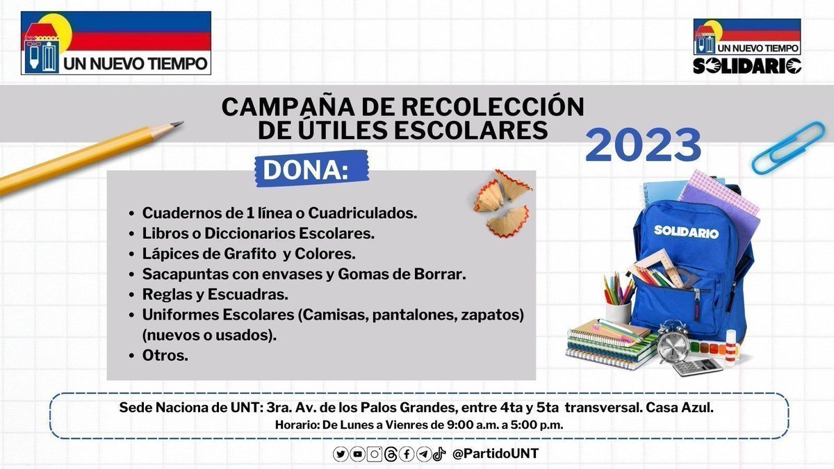 En #UNT apostamos en la recuperación de la escolaridad en #Venezuela, por ello desde la secretaria nacional de <a href="/UNT_Solidario/">Un Nuevo Tiempo Solidario</a>, se llevará a cabo una campaña de recolección de útiles escolares, en cada sede regional en el país.

#SomosDemocraciaSocial