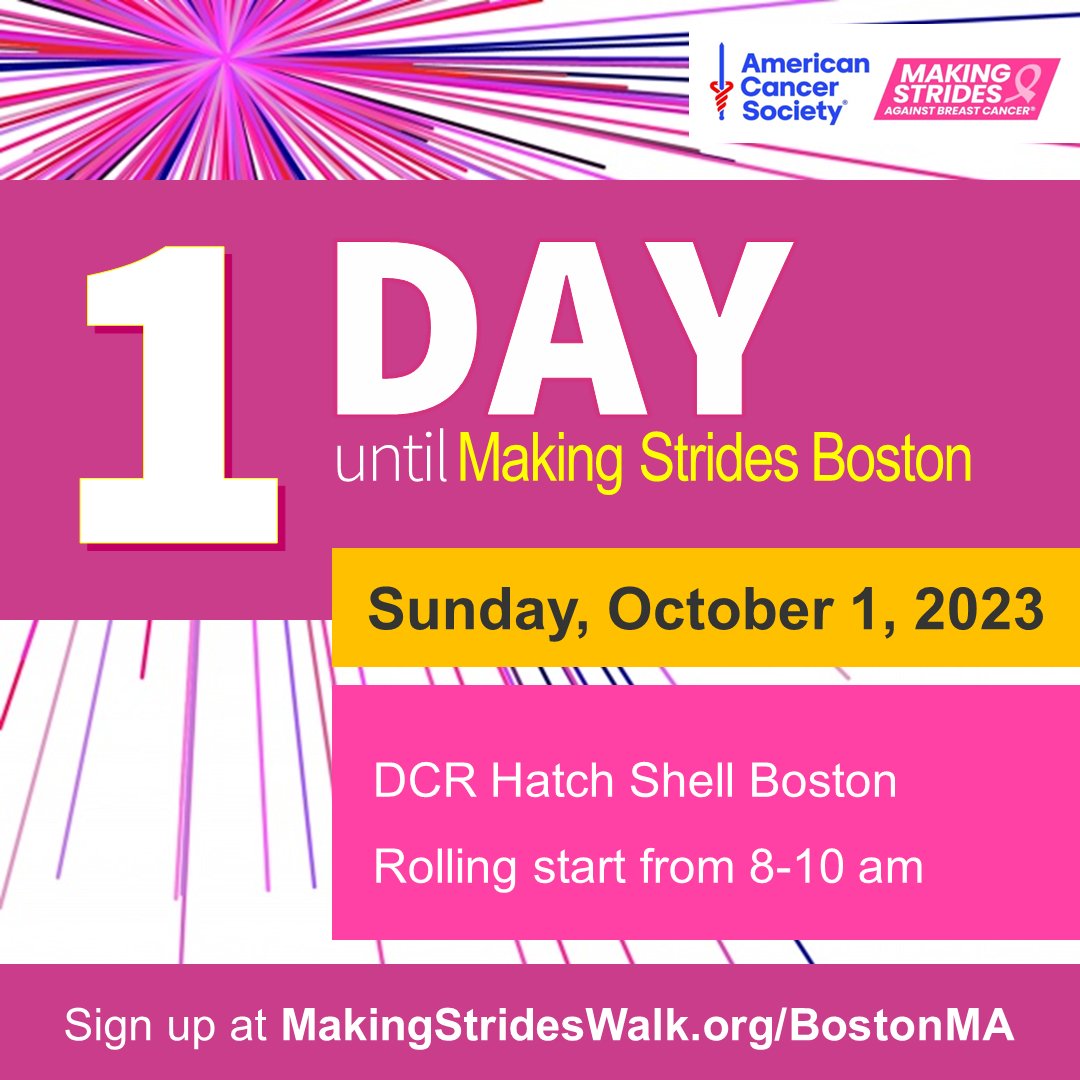 Tomorrow is the 2023 Making Strides Against Breast Cancer walk in #Boston! Join us at the Hatch Shell to support the fight to end #breastcancer. Rolling start begins at 8 am. There's still time to register! Find event info/schedule/walk details at bit.ly/msabc-boston-2…