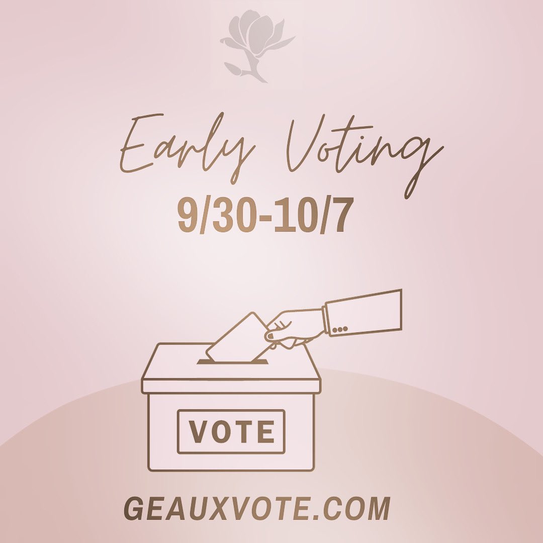 Early voting for the Oct 14 election begins today through Sept 7. 

Visit geauxvote.com to view your sample ballot and voting location. 

#laelections #vote #politics #louisianapolitics #louisiana #geauxvote #geauxvoteearly #lalege #lagov