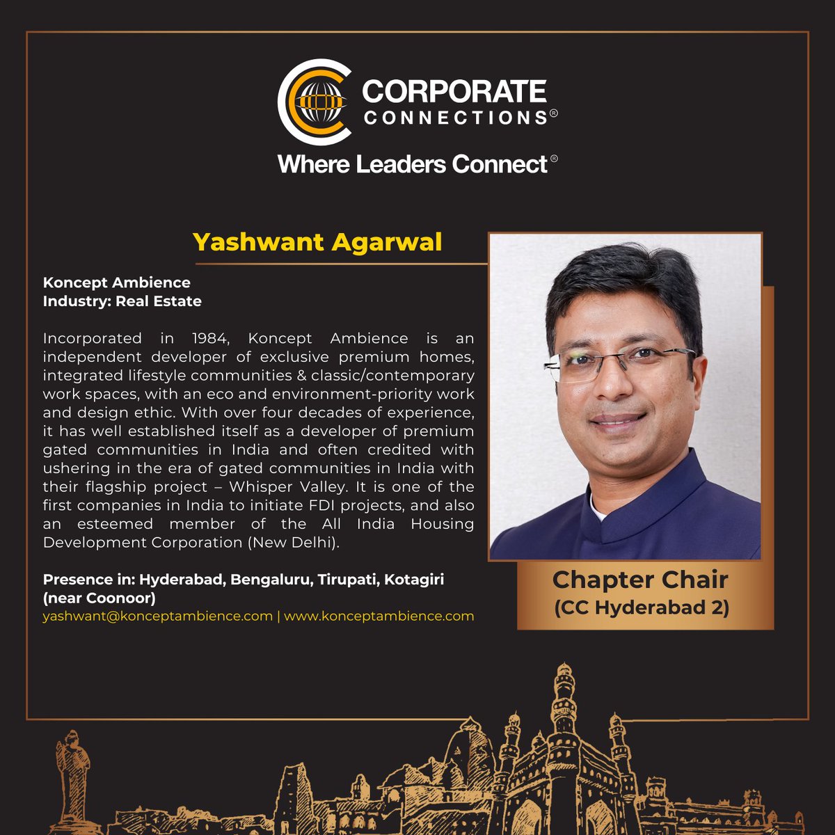 CCAPandTS's tweet photo. Introducing the Chapter Chair of CorporateConnections® Hyderabad 2 - Mr.Yashwant Agarwal, a truly dynamic individual with a radiant personality. 

An alumnus of EDII, Ahmedabad, Mr.Yashwant brings over 19 years of valuable experience to the table, with a strong background in https://t.co/gugfN5mUne