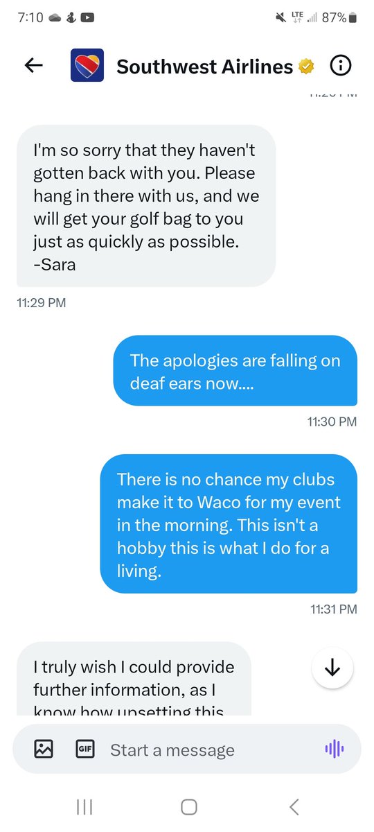 Lunchketeers's tweet photo. @SouthwestAir Here is a screenshot of one DM from last night at 11:30... Hang in there with us while we totally ignore the situation....GREAT!!!!!! https://t.co/ahHJgseCC4