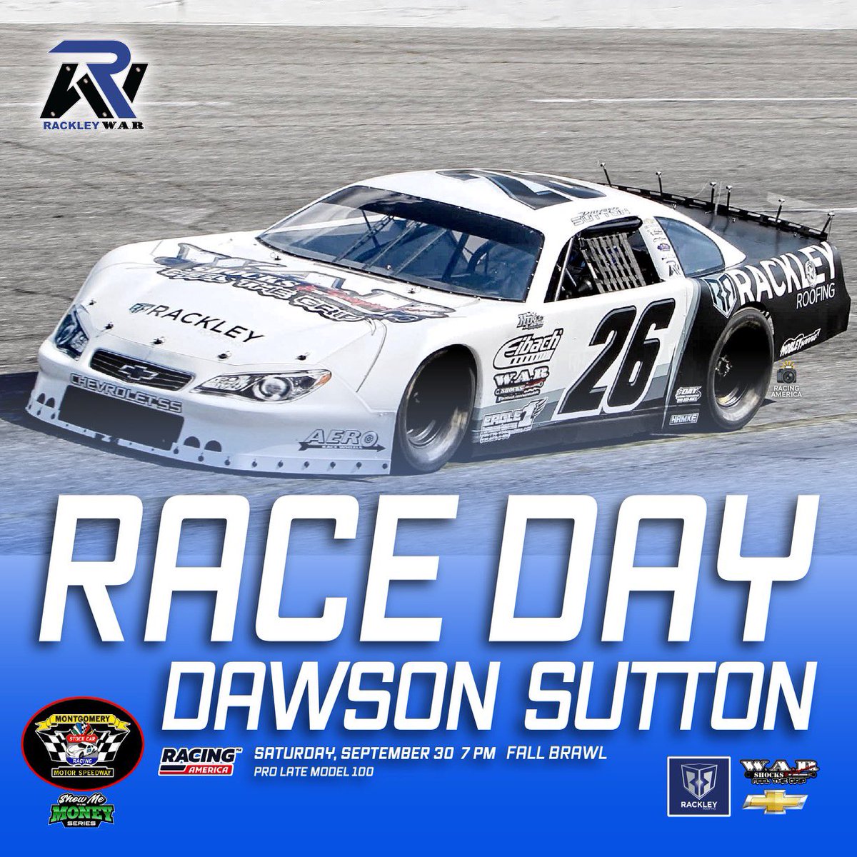 Rackley_WAR's tweet photo. Coming up today at @MMSracetrack it’s the Fall Brawl 100 Pro Late Model event! Sutton coming off a P2 finish at @5FlagsSpeedway and Colorado’s #JonathanKnee making his first PLM start with #RackleyWAR! 🏁
📺: @RacingAmerica https://t.co/qcRoEAtGO9
