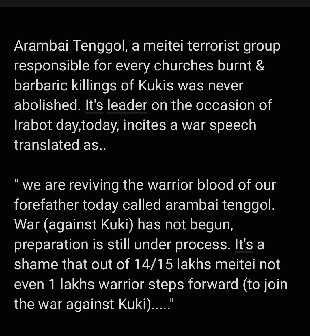 miketlhkip's tweet photo. Speech, inciting war against Kukis.
#ThisIsKuki_ZoStory
#MeiteiWarCrimes 
#MeiteiAtrocities @adgpi @AJEnglish  @ANI @BJP4India @easterncomd @HindustanTimes @EastMojo @INCIndia @IndiaTodayNE @kartikeya_1975 @News9Tweets @thewire_in @timesofindia @the_hindu @Spearcorps @AmitShah https://t.co/rU2oKMG1KY