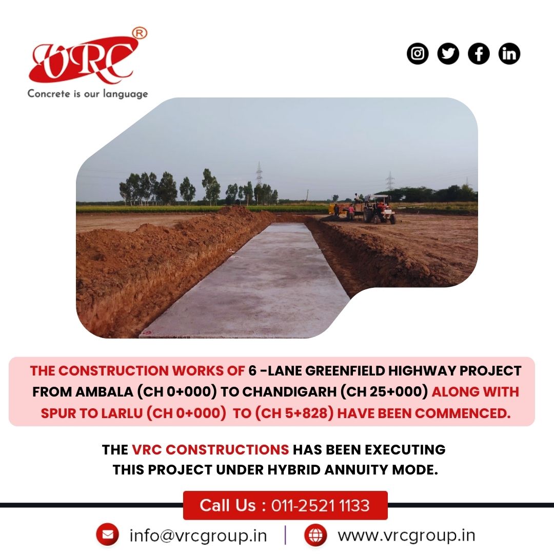 The construction of the 6-Lane Greenfield Highway Project from Ambala (Ch 0+000) to Chandigarh (Ch 25+000), including the Spur to Larlu (Ch 0+000) to (Ch 5+828), is officially underway. 
#constructioncompany #civilengineers #civilconstructions #constructionawards #