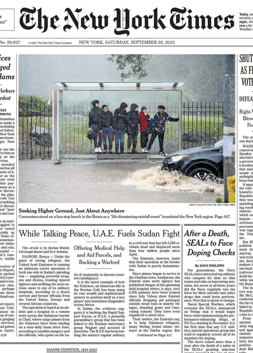 P.1 of today's NYT — How the United Arab Emirates is secretly running weapons and supplies into Sudan, Africa's biggest warzone, under cover of a humanitarian operation.