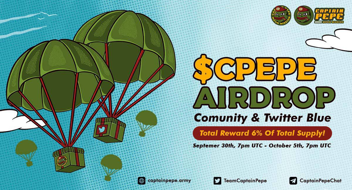 Our airdrop is live!  

Participate in our #Airdrop and earn 4 billion CPEPE tokens  

Airdrop: t.me/CaptainpepeAir…  

Airdrop rewards will be distributed to your wallet address after TGE and 2000 lucky random participants (2000 winners in total) will be rewarded.   #CPEPE