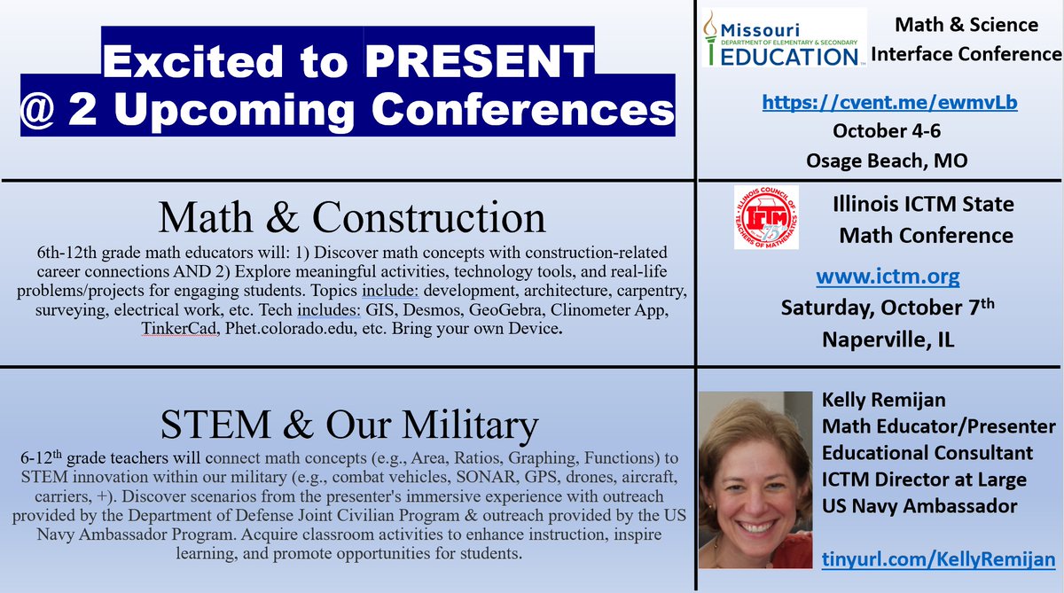 teachers4steam's tweet image. Excited to present!
Oct 4 - Math &amp;amp; Construction @MOEducation  #Interface2023 Math &amp;amp; Science Conf cvent.me/ewmvLb in Osage Beach, MO 
AND
Oct 7 - STEM &amp;amp; Our Military @MathICTM Conf ictm.org/annual-confere… in Aurora, IL (Near Chicago)

@NavyOutreach