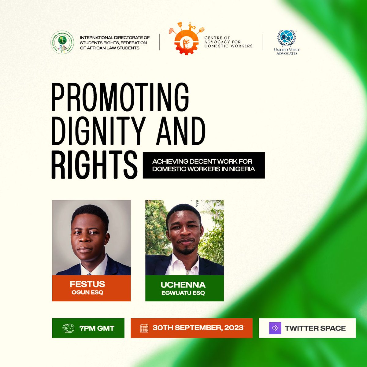 CADW_C's tweet photo. ON our TWITTER SPACE today, we will be discussing PROMOTING DIGNITY AND RIGHTS:
ACHIEVING DECENT WORK FOR DOMESTIC WORKERS IN NIGERIA .

Time: 7pm GMT.

Click the link below to join us in the conversation.

https://t.co/FvHCTScWFV

#EndDomesticSlaveryinNigeria #DomesticWorkers https://t.co/RKJGwHaxIP