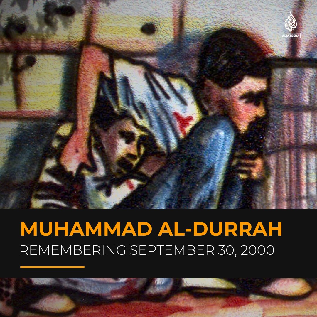 AJEnglish's tweet photo. 23 years ago today in Gaza, Israeli forces tragically shot and killed 12-year-old Palestinian boy Muhammad al-Durrah as his father shielded him from the bullets. 

This captured moment shook the world and turned Al-Durrah into a symbol of the second Palestinian Intifada. https://t.co/HJtZkNewGR