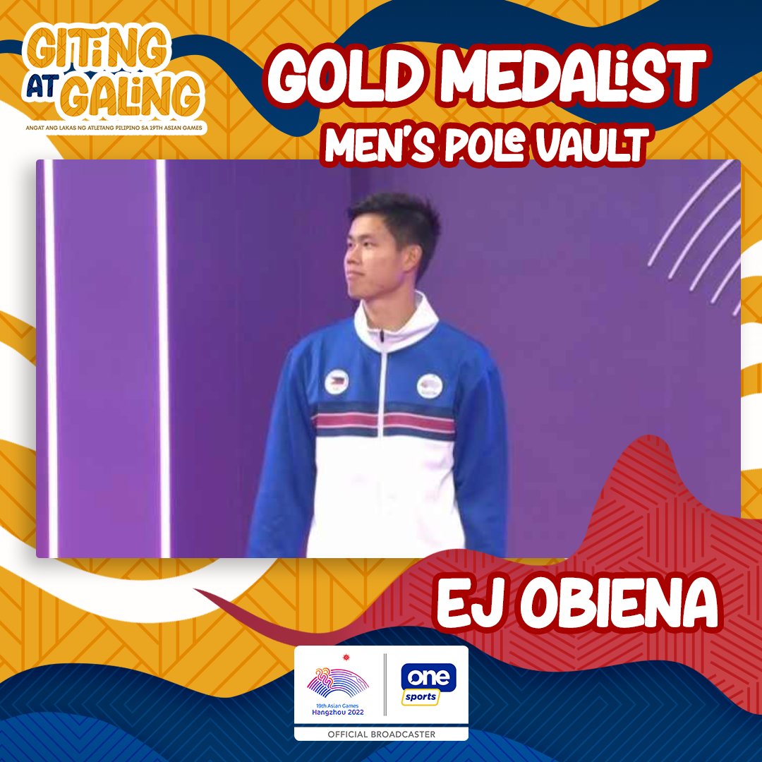 OneSportsPHL's tweet photo. GOLDEN BOY! 🥇  EJ Obiena wins the Philippines’ first gold medal in the 19th Asian Games, his 5.75m a new event record.

#AsianGames #HangzhouAsianGames https://t.co/HmbZ1cckNk