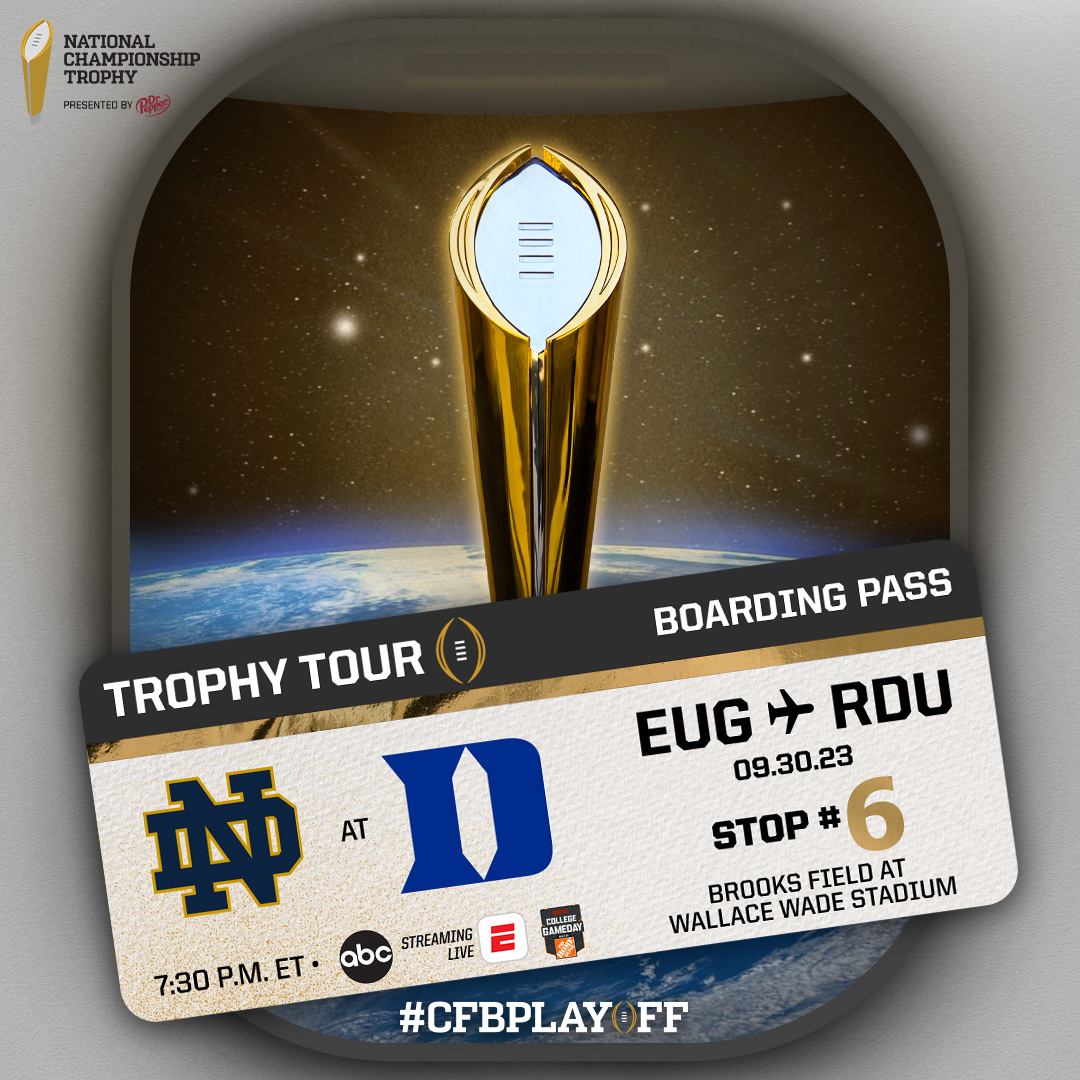 The #NationalChampionship Trophy is out east for a tilt between the Irish and Blue Devils! 🏆 #CFBPlayoff Trophy Tour 🏈 @NDFootball at @DukeFOOTBALL 📅 Saturday, September 30 🕰 7:30 p.m. ET 🏟 Brooks Field at Wallace Wade Stadium 📍 Durham, NC 📺 @ABCNetwork 📱 @espn app
