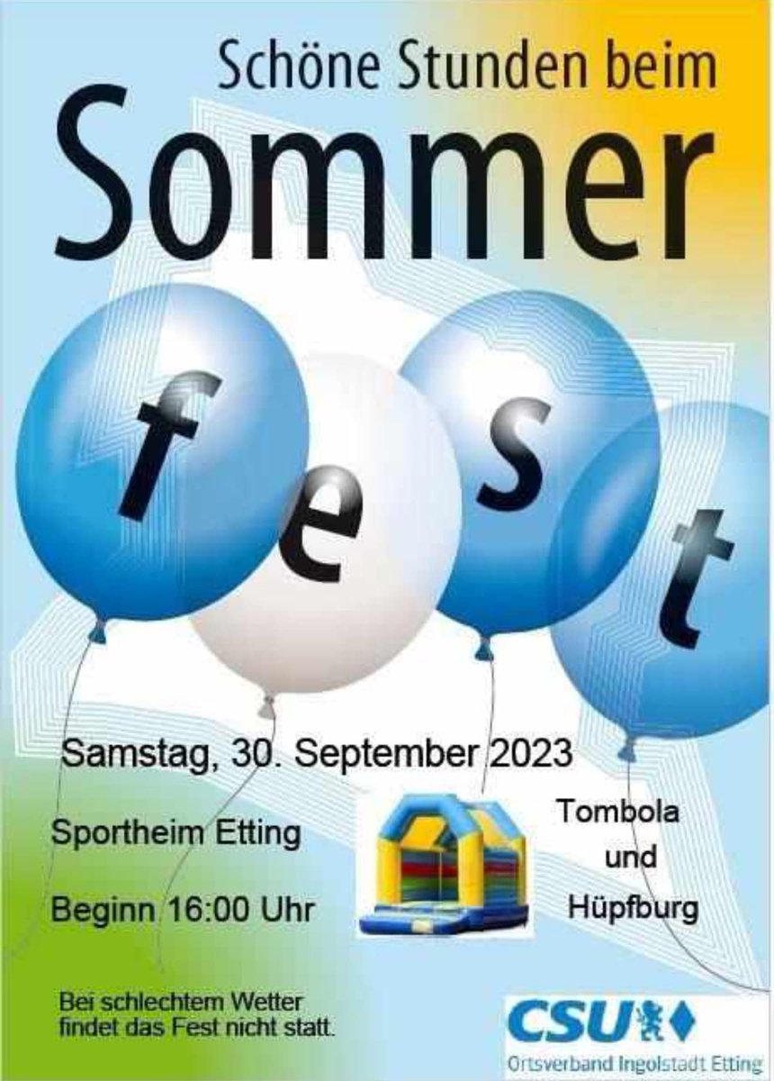 csu_kv_in's tweet photo. Einladung des CSU Ortsverbands Etting zum Sommerfest am 30. September ab 16:00 Uhr.
Gleich geht´s los. Wir freuen uns auf ein paar schöne Stunden mit Euch!
https://t.co/Dr0FDpzhn4
#sommerfest #ingolstadt #etting #csu https://t.co/U19t3Lwstt