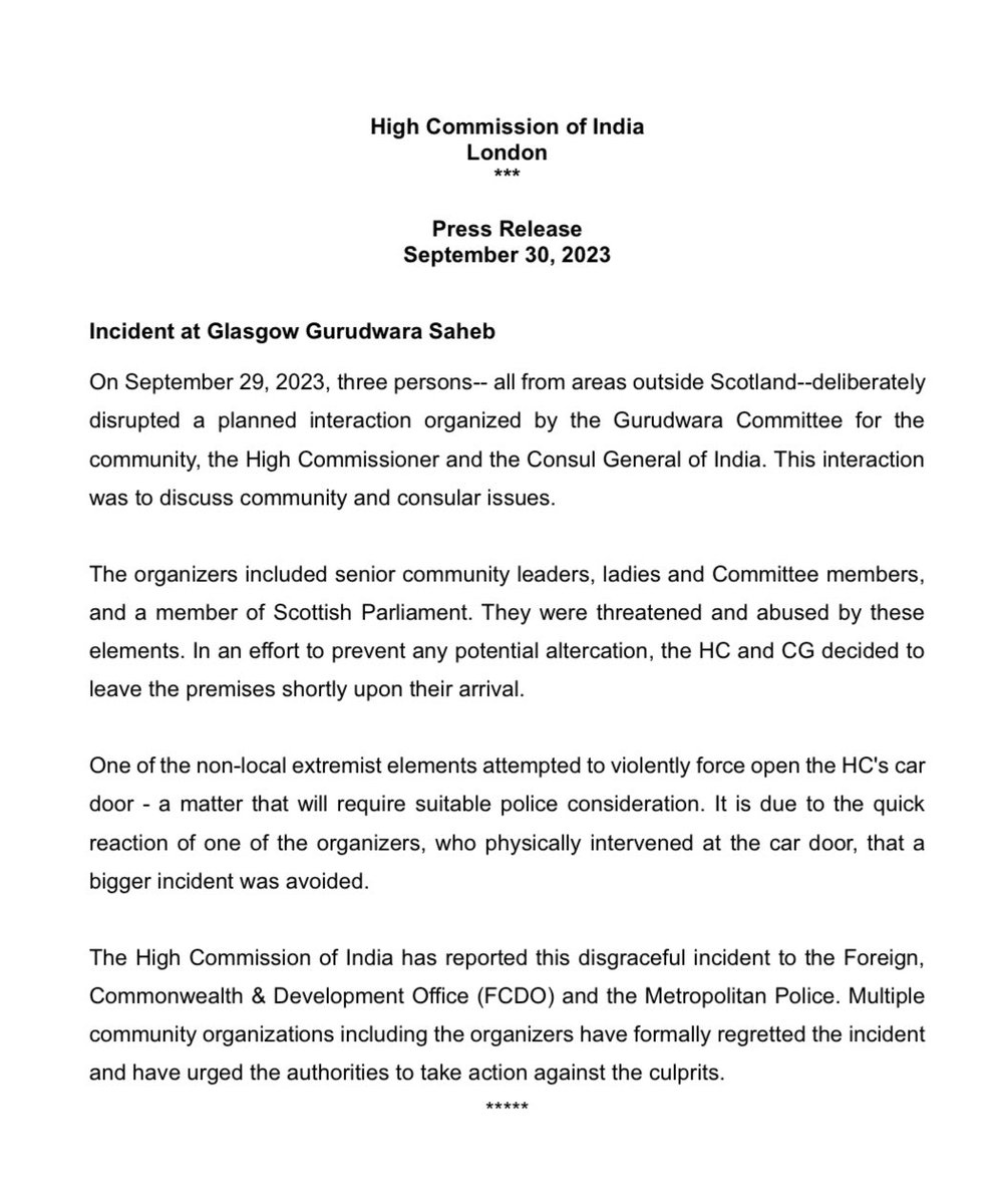 Press Release on the incident at Glasgow Gurudwara Saheb.
<a href="/MEAIndia/">Randhir Jaiswal</a> <a href="/PTI_News/">Press Trust of India</a> <a href="/ANI/">ANI</a> <a href="/VDoraiswami/">Vikram Doraiswami</a> <a href="/sujitjoyghosh/">Sujit Ghosh</a>