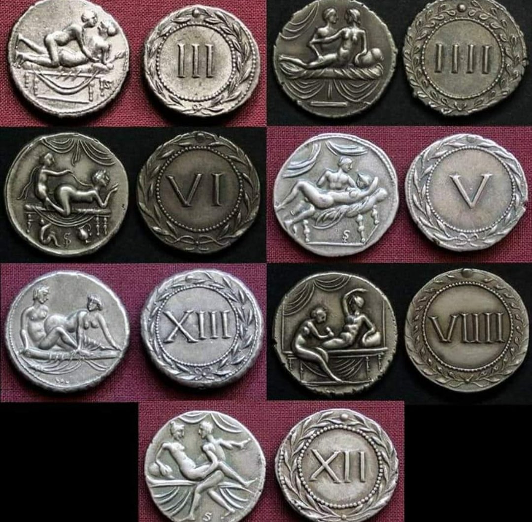 archeohistories's tweet photo. There were many brothels in ancient Rome, but standard Roman coins, Serters and Denars, were not used and were even banned from being there. Store-bought Tokens were used for Denar and Serters and images on them were often obscene. Reason is understandable, because on all Roman coins there was a head image of emperor of that period. Even picture of emperor entering the brothel was synonymous with humiliating and cursing him. Of course, punishment was severe.

In resorts like Herculaneum and Pompeii, brothels were much busier places.

Over time, such places encouraged their customers to use their own currency, called spintriae in Middle Ages. Prevalence of prostitution in Roman culture can be inferred from concentration of this coin in circulation and abundance of examples at these resorts in southern Italy already mentioned.

This was a fairly common phenomenon for those dealing with day-to-day money in brothel coins in Rome. On the obverse and reverse of coins were various sexual images, often depicting people making love. One of theories regarding the purpose of these coins was to advertise price of sexual activities. Moreover, the transfer of this money between two people (the buyer and the “seller”) created a certain privacy. This was especially useful for high-status people to hide what kind of work they did at night. According to some experts, price of event was written on back of pictures of these coins. It was a system that helped break down language barriers. If this theory is correct, it means that these coins are more of an ordering tool than a form of payment. For example, when you say "I want number 4" at McDonalds, the corresponding money is given.

A Roman brothel coin found in London in 2012 was under investigation. As it is known, Romans set up tents and camps in Ancient Britain. This strengthens the theory that coins in question were used as a tool to cross language boundaries. In Britain the spread of language was even slower, but these coins served to universalize language.

#archaeohistories