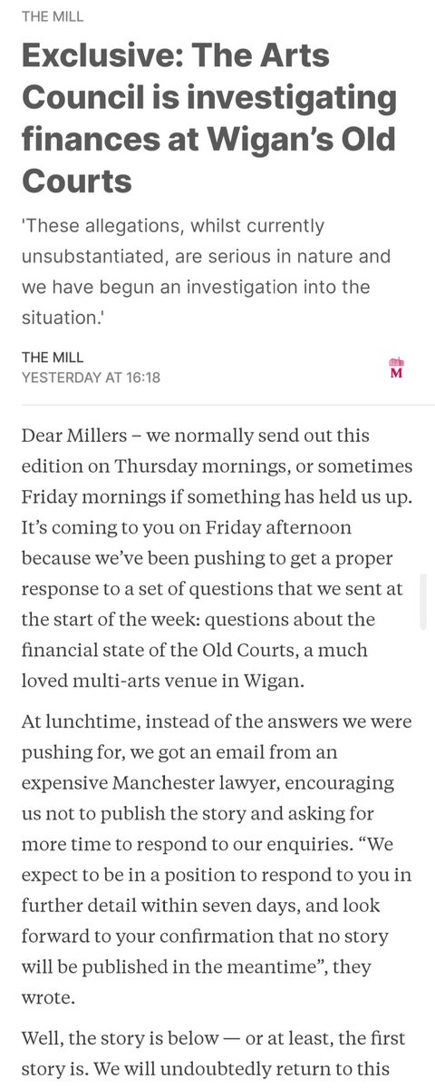 A much-feted arts centre in Wigan - which has been lavished with millions in public funding - doesn't have enough cash to pay artists on time or avoid making staff redundant but can afford an expensive lawyer to write to <a href="/ManchesterMill/">The Mill</a>. Another bad investment!