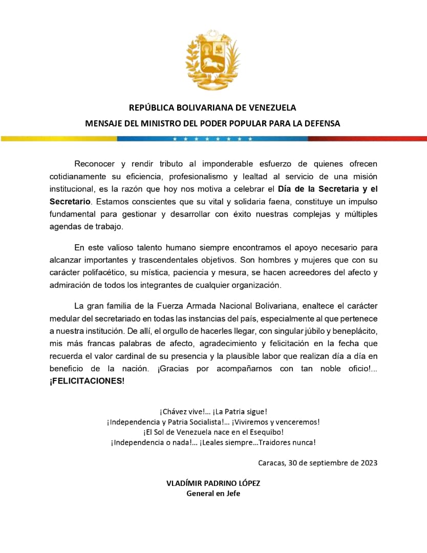 📄 #Importante || Mensaje del ciudadano General en Jefe Vladimir Padrino López, en ocasión de celebrarse el Día de la Secretaria.