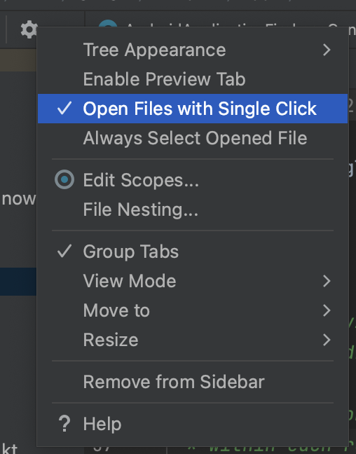 mmbialas's tweet image. #androidstudio #intellij tip #26
Navigate in IDE and open files with single click 🧵👇
Click on a settings icon ⚙️ in the project tree and click Open Files with Single Click

#tipoftheday #androiddev #AndroidDevs #Productivity