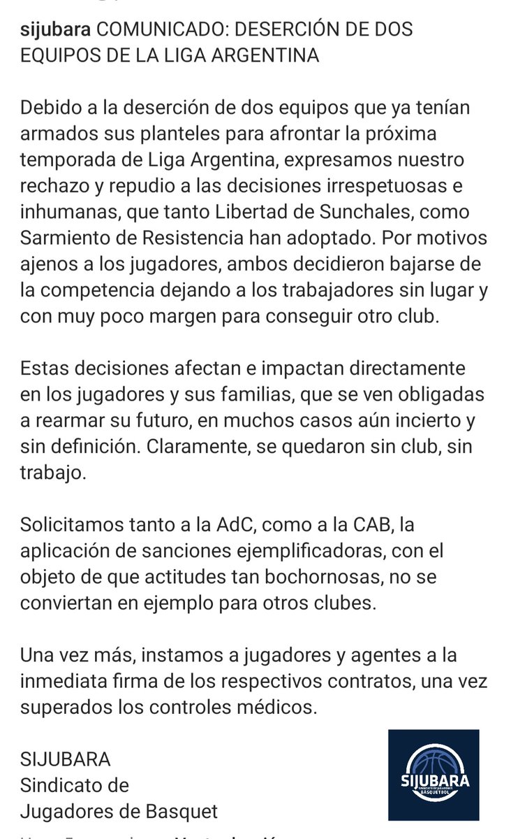 Comunicado: deserción de dos equipos de la Liga Argentina.