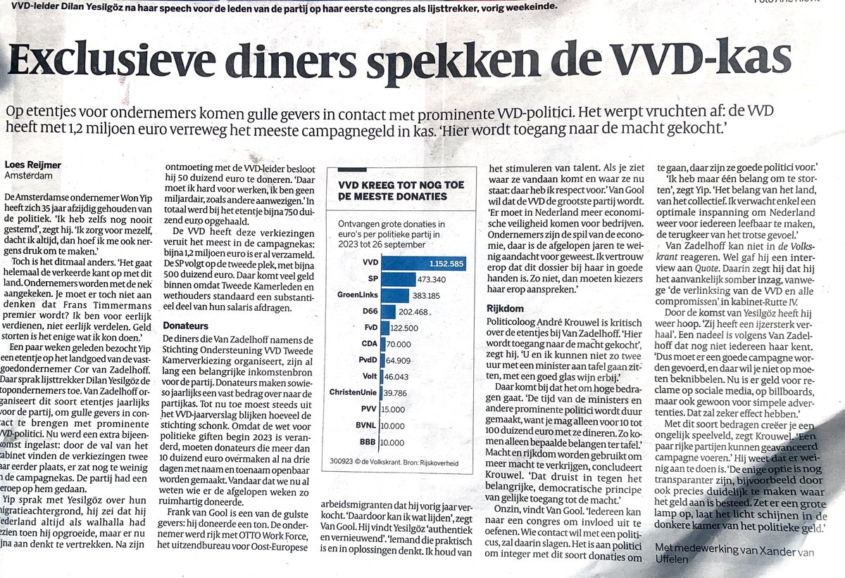 Ondernemers dineren met prominente VVD’ers voor € 10 tot 100.000. Zó koop je toegang tot de macht. Interessant hoe ze dit zelf zien: zij bewaken hun bedrijfsbelang om ons land voor iederéén leefbaar te maken. Ze zien het als collectief belang. De arrogantie! Het zelfbedrog!