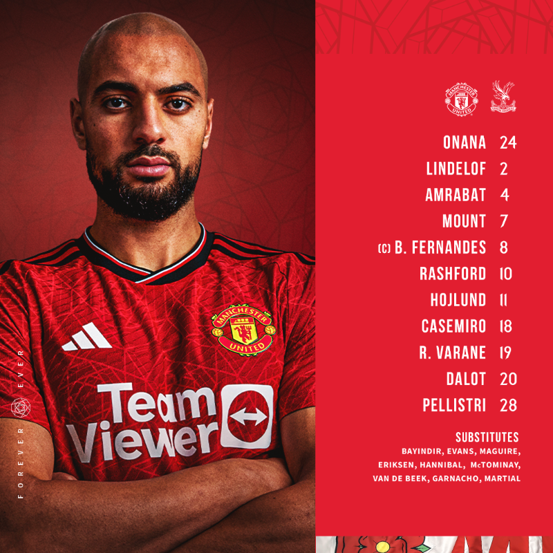 ManUtd's tweet photo. Our team for #MUNCRY is locked in! 🔐

Bring on United 🔴⚪️⚫️

#MUFC || #PL