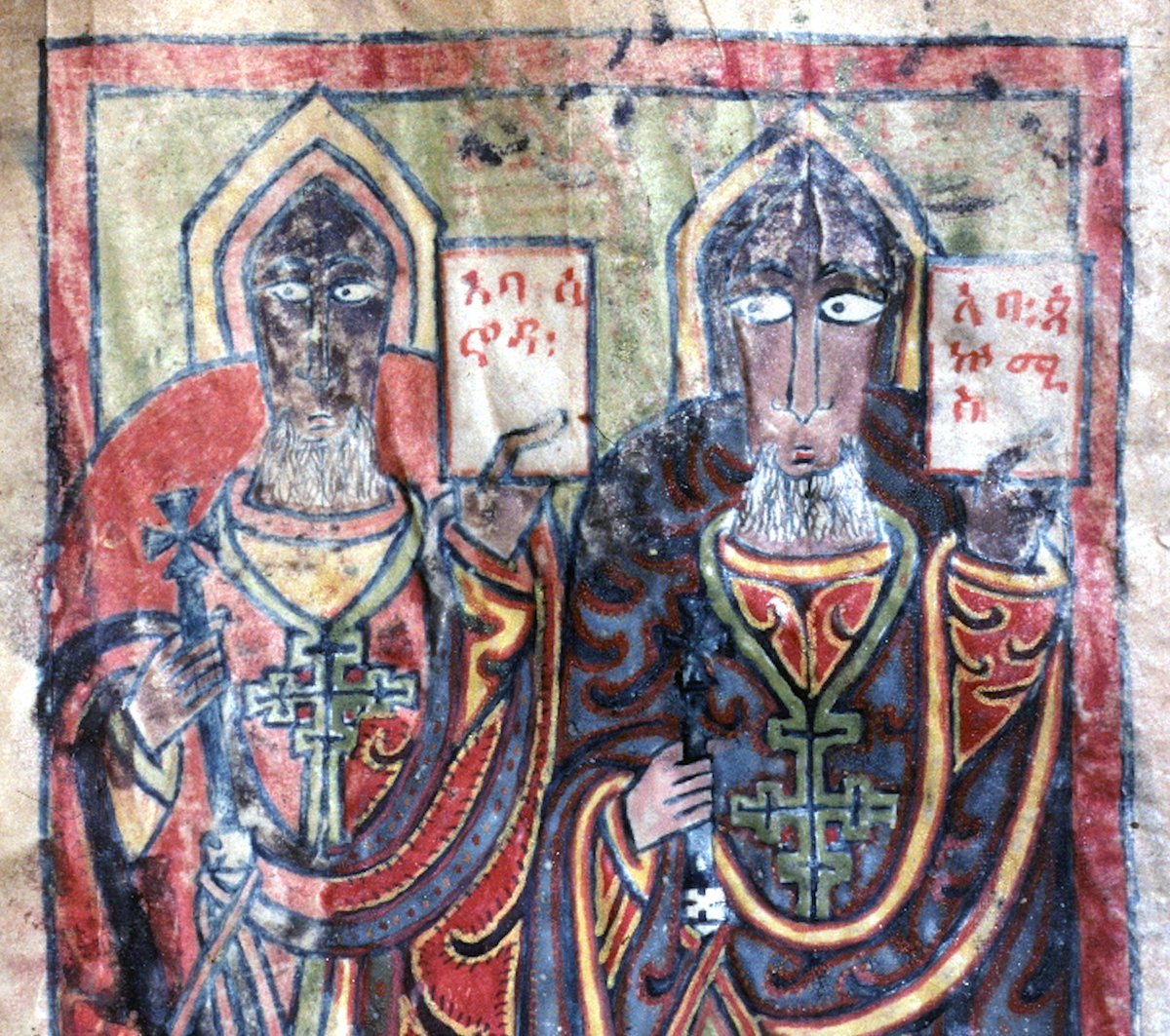 Egyptian fathers: St Shenoute (አባ፡ ሳኖዳ፡) and St Pachomius (አባ፡ ጳኵሚስ፡) (Ethiopia, 15th c.)   #egypt #coptic #churchfathers #shenoute #pachomius #monk #monasticism #africanart