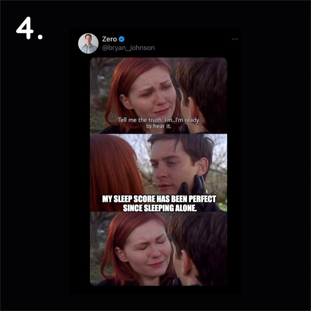 sleepagotchi's tweet photo. 🗳️Voting for the best sleep meme of the month👇

1.@ShouldHaveCat 
2.@StruggleMemes 
3.@dougboneparth 
4.@bryan_johnson https://t.co/WpVNxVdxA7