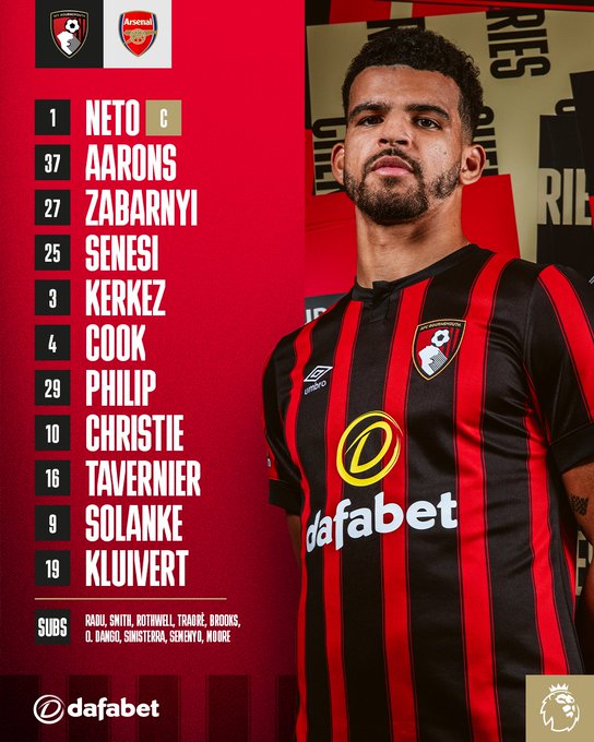 AFC Bournemouth: Neto, Aarons, Zabarnyi, Senesi, Kerkez, Cook, Philip, Christie, Tavernier, Solanke, Kluivert.

Subs: Radu, Smith, Rothwell, Traorè, Brooks, Ouattara, Sinisterra, Semenyo, Moore.