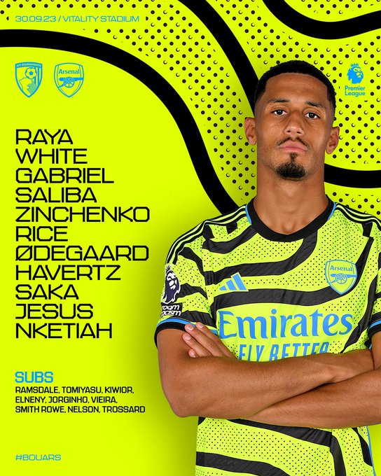 Starting XI:
Raya
White
Gabriel
Saliba
Zinchenko
Rice
Odegaard
Havertz
Saka
Jesus
Nketiah

Subs: Ramsdale, Tomiyasu, Kiwior, Elneny, Jorginho, Vieira, Smith Rowe, Nelson, Trossard