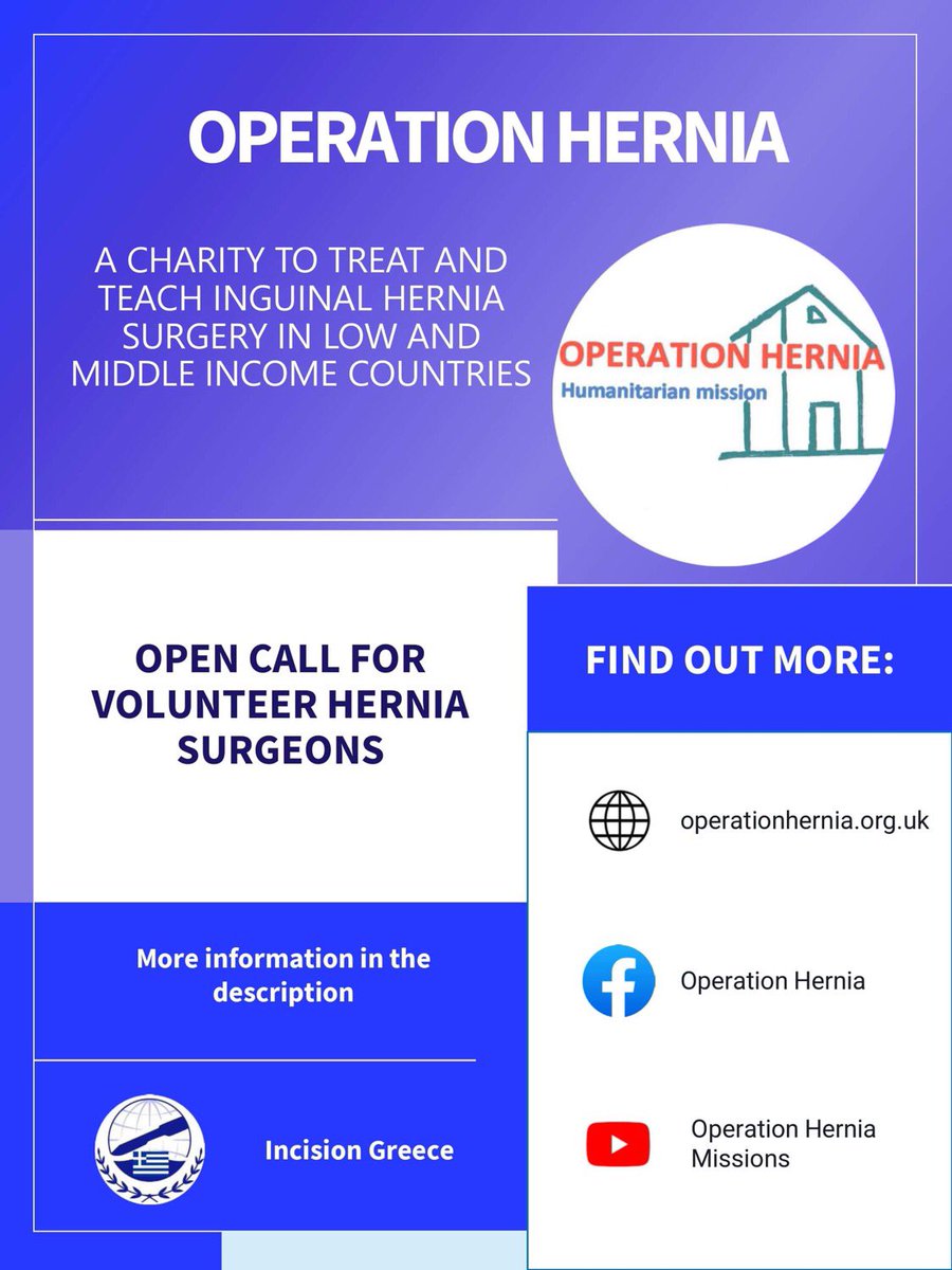 IncisionGR's tweet photo. OPERATION HERNIA IS CALLING FOR SURGEONS! 
The project is looking for hernia surgeons, who are highly motivated to volunteer and help treat patients in low and middle income countries providing high standard of care. Humanitarian and medical aid meets surgical experience. 
1/3 https://t.co/Mb9TzNHPI1