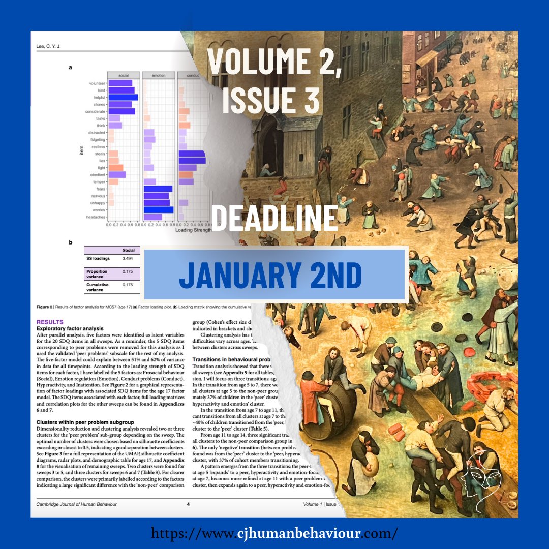 CJofHB's tweet image. 📢Call for submissions!📢
cjhumanbehaviour.com

 - Undergraduate work only  
- 5,000 words maximum  
- Dissertations and projects welcome 
 - Interdisciplinary manuscripts encouraged
- Book reviews
- We are now also accepting archaeology manuscripts