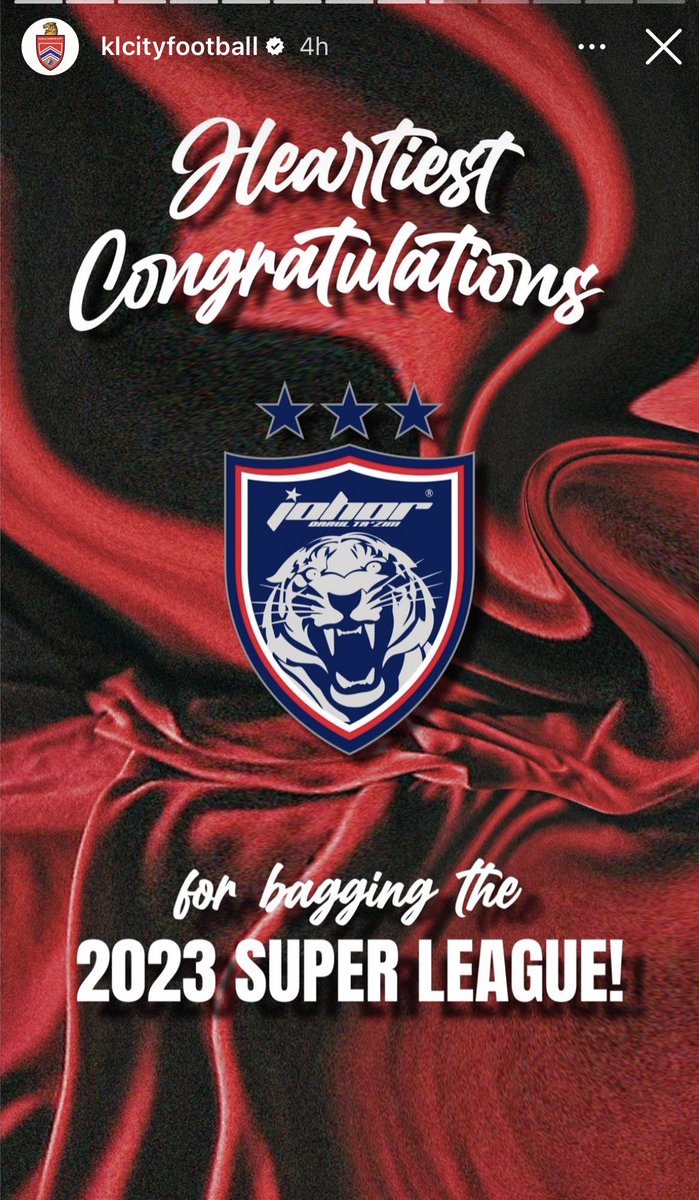 juanbudiman's tweet photo. KL City @KLCityFootball ucap tahniah pada juara Liga Super Malaysia. #RESPECT #JDT #MSL23 https://t.co/YmxnESzJhb