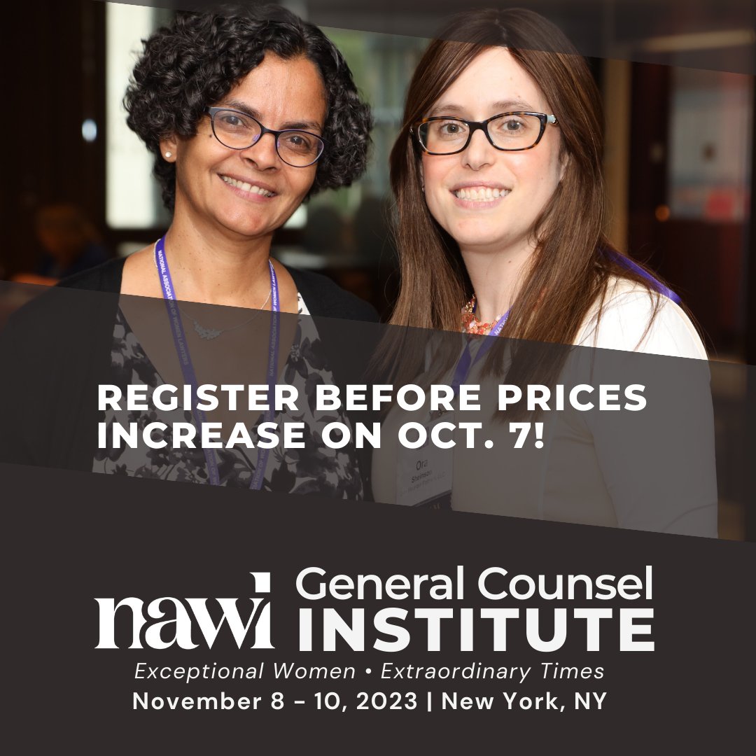 NAWLWomeninLaw's tweet image. Hurry and register for discounted tickets to #GCI2023! Early bird rate ends after Oct. 6.

nawl.org/2023-general-c…

Photo: Marty Morris, MPM Photography
#NAWLGCI  #NAWLconference #generalcounsel #womenlawyers #NAWLWomeninlaw #ExceptionalWomen #ExtraordinaryTimes