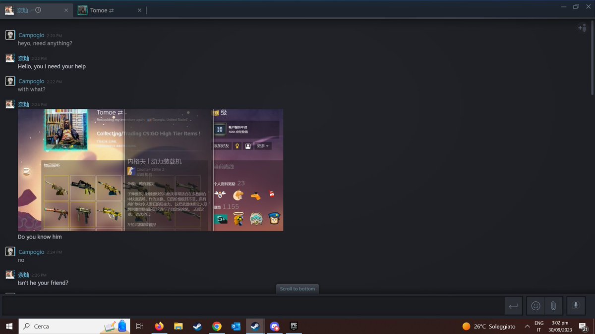 CampogioCS's tweet photo. Posting a sad story today, a dude recently contacted me, asking me if I knew some high level dude, I honestly answered no because I didn't remember he was in my friends list. turns out he traded some skins to said dude and looks like he didn't pay (1/?) https://t.co/vb9hcY9GSF