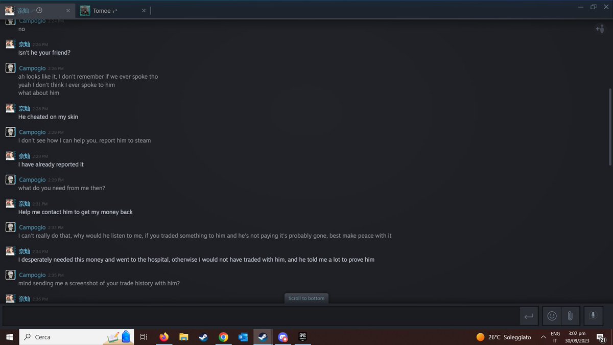 CampogioCS's tweet photo. Posting a sad story today, a dude recently contacted me, asking me if I knew some high level dude, I honestly answered no because I didn't remember he was in my friends list. turns out he traded some skins to said dude and looks like he didn't pay (1/?) https://t.co/vb9hcY9GSF