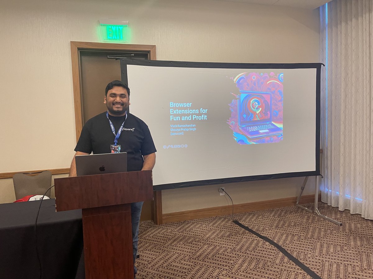 getsquarex's tweet photo. Our team member @shouryaps recently spoke at @TexasCyberConf sharing about browser extensions and how malicious extensions could compromise your device! 

#SquareX #BeFearlessOnline https://t.co/SJ7kuGFVEm