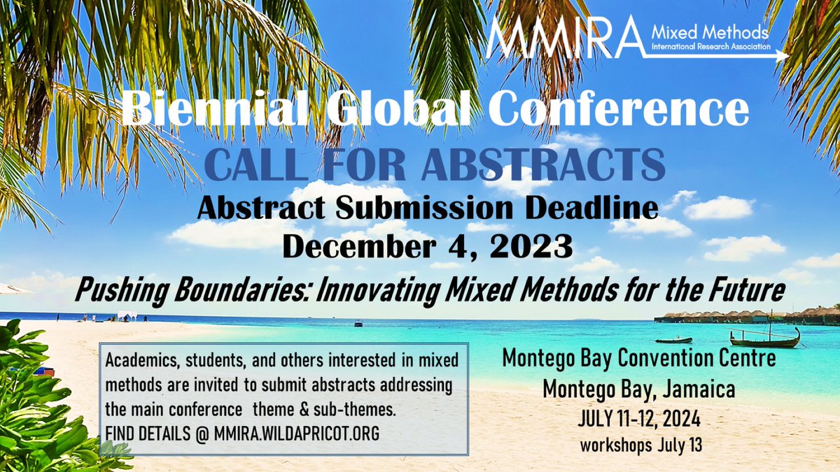 CALL FOR ABSTRACTS: @MMIRAssociation invites researchers & students of Mixed Methods to submit abstracts by *December 4, 2023* for the Biennial Global Conference 2024, to be held in Montego Bay, Jamaica 😎😀👇
