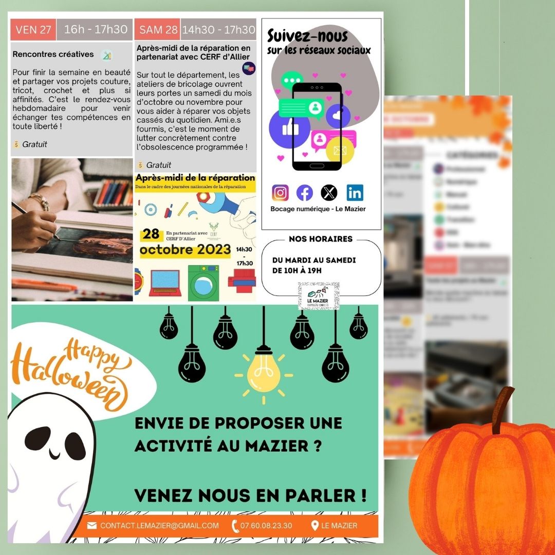 [ PROGRAMME D'OCTOBRE 🎃 ]

Enfants, adultes, séniors, professionnels vous êtes les bienvenus au Mazier pour participer, créer et échanger tout le mois qui arrive 📆!

#programme #octobre #atelier #concert #petitsetgrands #tierslieux