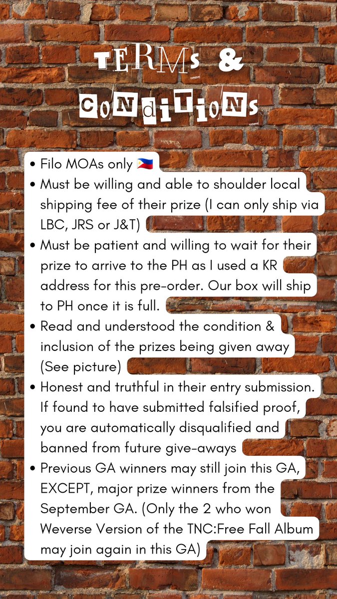 MOAdoc23's tweet photo. Terms and Conditions. Please read and understand carefully. #PHMOA #FiloMOA #FREEFALL #TheNameChapter #MOA #TXT #TOMORROW_X_TOGETHER #AteDoc_GiveAway #MOAGiveAway
Re-upload because my O.C.ness would not let me be in peace with the mispelled word that I saw in the original post.😬 https://t.co/6hVg2mFAZM