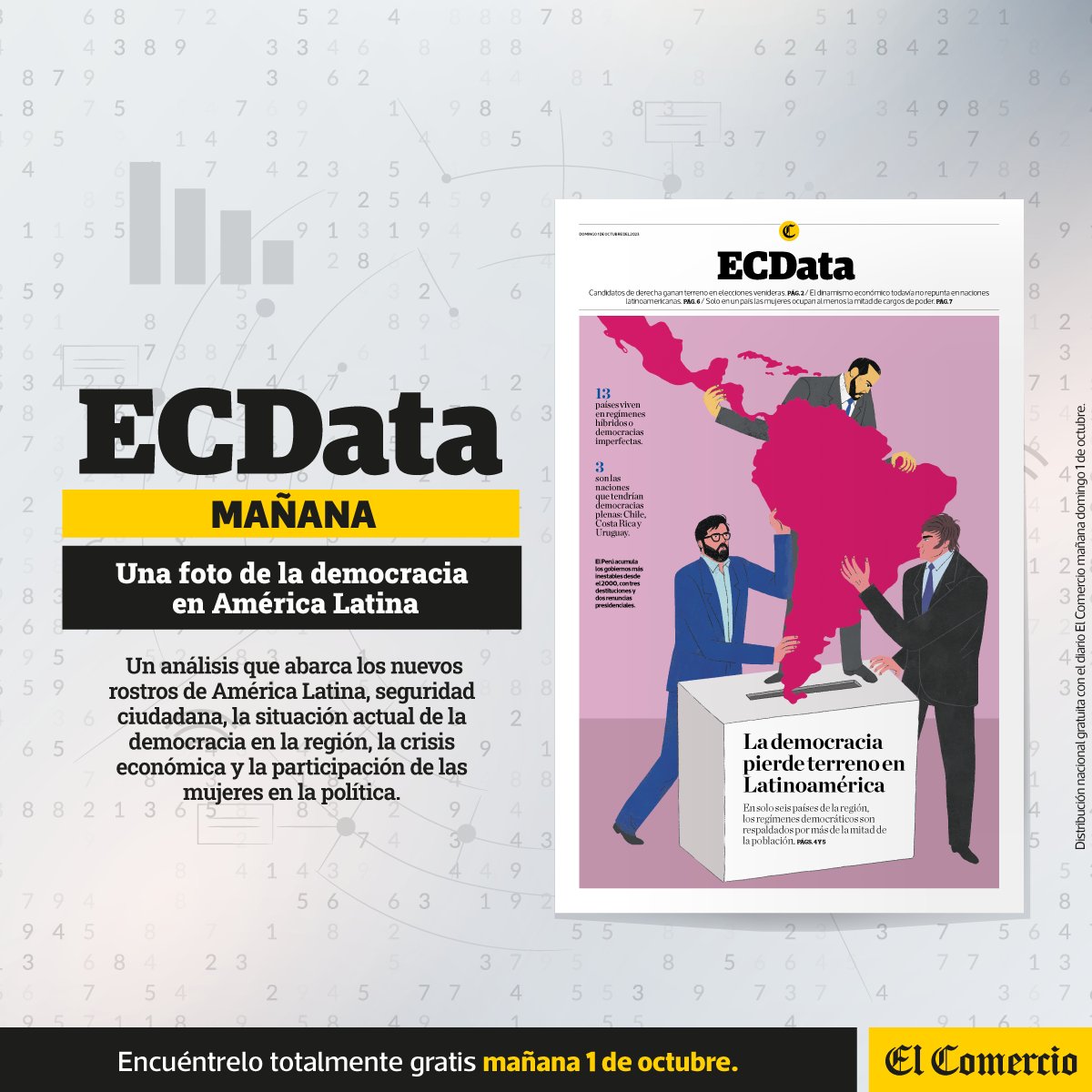 elcomercio_peru's tweet photo. 📰📢 Mañana no te pierdas tu suplemento #ECData totalmente gratis con El Comercio, donde podrás leer un análisis completo de la democracia en América Latina. (vía @ecdata_pe) https://t.co/Q9yFqPQMDC