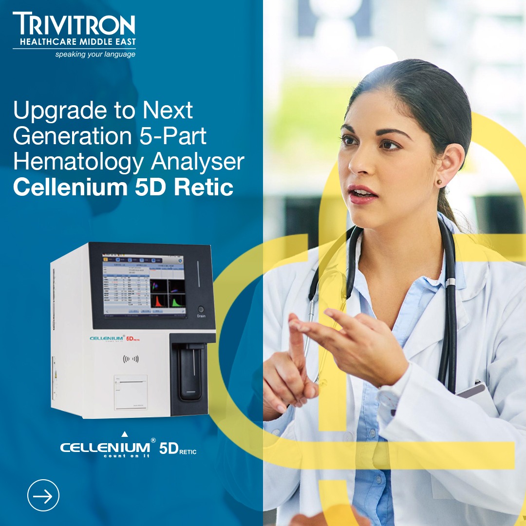 TrivitronME's tweet photo. Trivitron’s Cellenium 5D Retic is an advanced fully automated five-part differential hematology analyzer with an additional feature of reticulocyte count. It is a compact, bench-top analyser. 

#IVD #Haematology #5PDA #HaematologyAnalysers #DiagnosticLabEquipments #Cellcounter https://t.co/KzgT9YgaSf