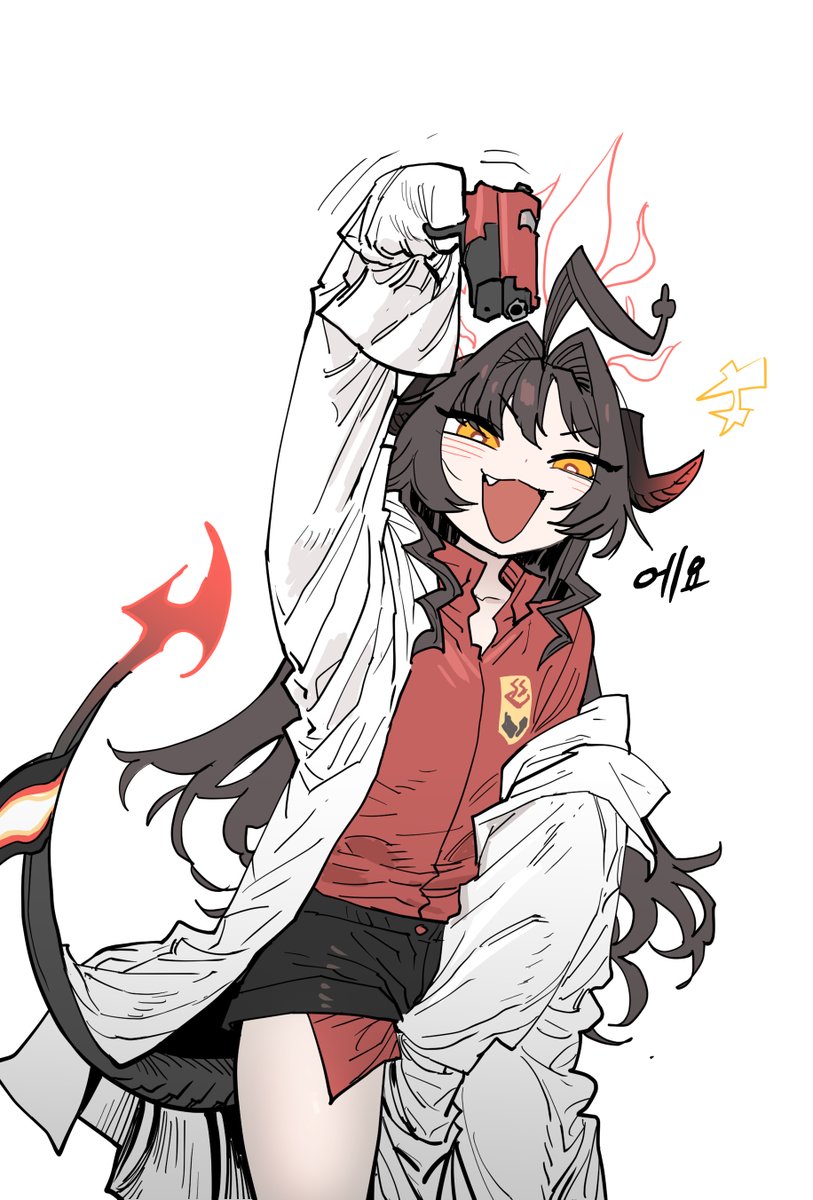 1girl horns shirt solo tail long hair red shirt  illustration images